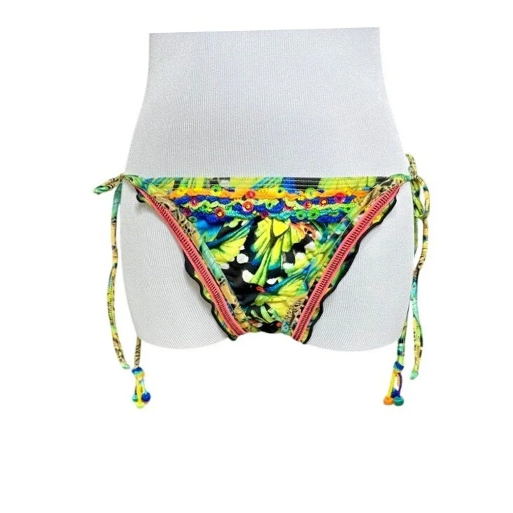 Agua Bendita Ave Birds Bikini Swim Bottom LARGE Green Black Hand Embellished